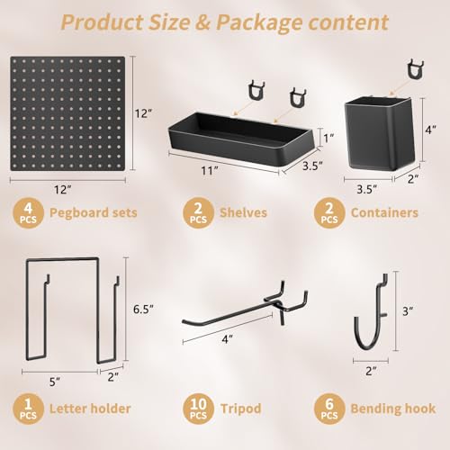 FZK Modular Plastic Pegboard Wall Organizer Kit, Black, 12x12, 4 Panels - color: Pegboard Kit-Black-2