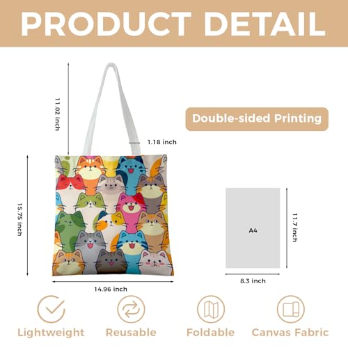 Cute Canvas Tote Bag for Women, Book Totebag with Zipper Pocket - color: Cats
