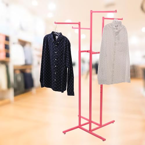 SSWBasics Hot Pink 4-Way Clothing Display Rack With Straight Arms- Durable Retail Clothing Rack for Boutique, Retail, and Thrift Stores - Sleek and Stylish Garment Display Stand