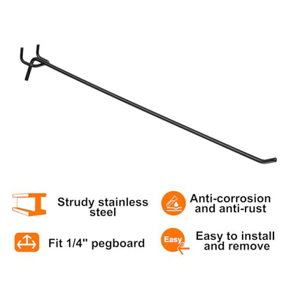 HARFINGTON 10pcs Pegboard Shelving Hooks 12" Stainless Steel Peg Board Display Hook Hanging Holders Wall Mount Organize Tools for Workbench Garage Kitchen Store, Black - size: 12 Inch