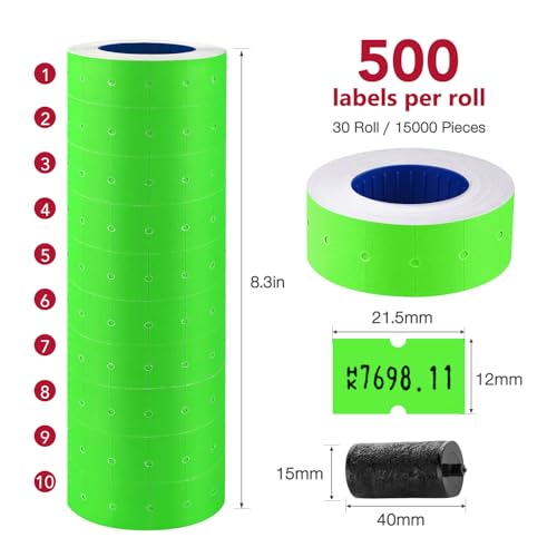 30 Rolls 15000pcs White Price Gun Labels for Mx-5500 Labeller White Pricemarker Stickers Plus 3 Piece Refill Ink Rolls (Green) - color: Neon Green