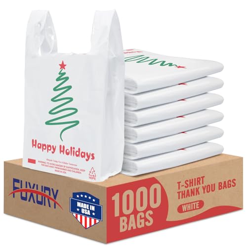 Fuxury 1000 Count Happy Holiday Christmas Tree Plastic Bags with Handles - color: White-Green, size: 1000 Count