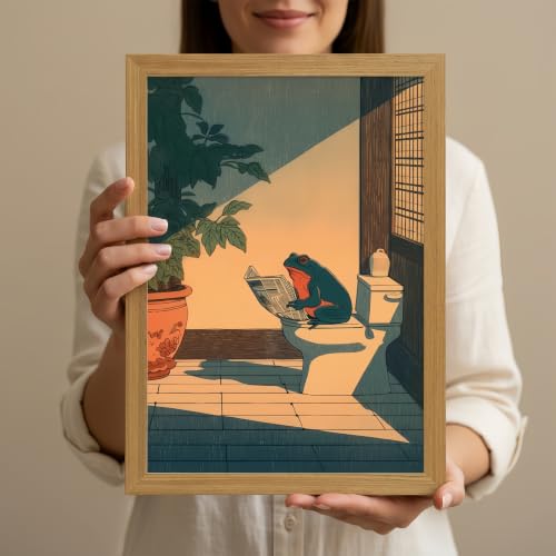 Funny Frog Bathroom Wall Art - 12x16 Inch Cute Japanese Frog on Toilet - color: m