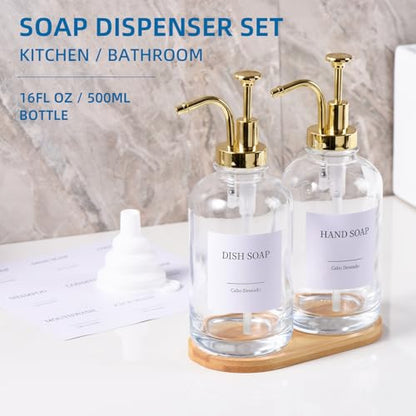 Glass Soap Dispenser with Pump, Dish and Hand Soap Dispenser for Kitchen Bathroom Set, Clear Glass Dispenser Set of 2 Pack with 18 Stickers Funnel Bamboo Tray 500ml 18oz / Each Bottle Gold Pump - color: Glass+gold Pump