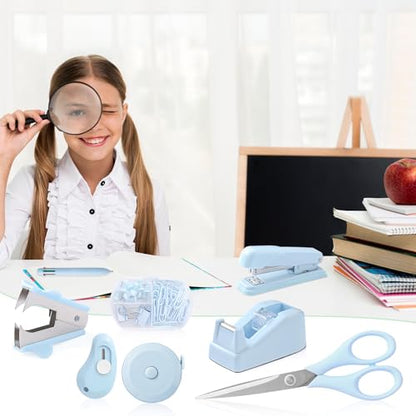 Blue Desk Accessory Kit Cute Office Supplies Set Desktop Stapler Set Includes Staple Remover Hole Punch Tape Dispenser Ballpoint Pen Scissor Mini Box Cutter Tape Measure Paper Clips Sticky Notes - color: Blue