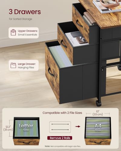 VASAGLE 3-Drawer File Cabinet, Mobile Printer Stand with Storage - color: Brown, size: 3 Drawers