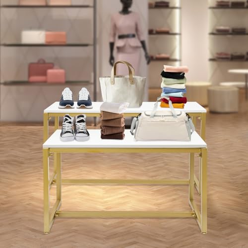 2-Piece Gold Metal Nesting Display Tables Shoe Handbag Retail Display Racks - color: Gold