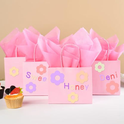 DjinnGlory 24 Pack Mini Tiny Small Pink Paper Gift Bags with Handles 6x5x2.5 Inch and 24 Tissue Paper for Wedding Baby Shower Princess Birthday Party Favors Goodies - color: Pink