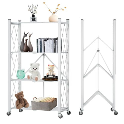 4-Tier Folding Shelf with Wheels No Assembly Portable Shelves - color: White, size: 4 Tier