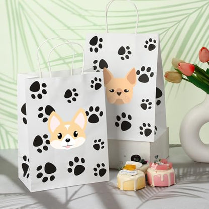 Tenceur 80 Pcs Dog Gift Bags Goodie Paw Puppy Paper Treat Bags Bulk with Handles 10.63 x 4.72 x 7.87 Inch Dog Themed Party Favors Shopping Holiday Kraft(White) - color: White