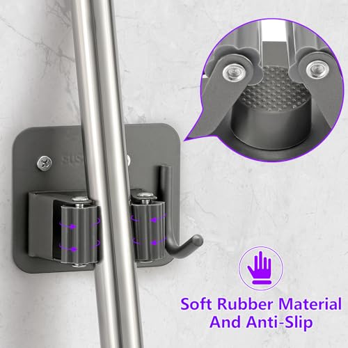 Broom Holder Wall Mount Rack, 304 Stainless Steel Mop and Tool Organizer - color: Gery