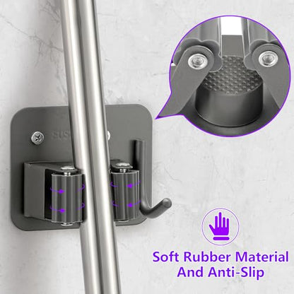 Broom Holder Wall Mount Rack, 304 Stainless Steel Mop and Tool Organizer - color: Gery