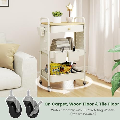 danpinera Rolling Utility Cart with Drawer, 3 Tier Rolling Cart with Wheels, Hooks & Hanging Cups, Craft Cart Art Cart Snack Cart Rolling Storage Cart with Wooden Table Top & DIY Pegboards, White - color: Ivory