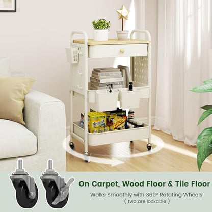 danpinera Rolling Utility Cart with Drawer, 3 Tier Rolling Cart with Wheels, Hooks & Hanging Cups, Craft Cart Art Cart Snack Cart Rolling Storage Cart with Wooden Table Top & DIY Pegboards, White - color: Ivory