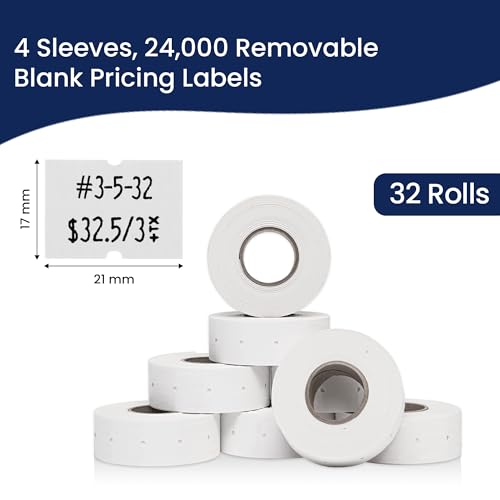 Perco 2 Line Removable Adhesive Labels - 24,000 Blank Price and Date Gun Labels for Perco 2 Line Price and Date Guns - 32 Rolls, 4 Sleeves - Made in USA - color: Removable, size: 4 Sleeves