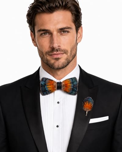RBOCOTT Handmade Feather Pre-tied Bow tie and Brooch Sets for Men - color: Peacock Blue/Orange