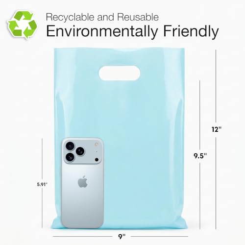 100 Pastel Blue Plastic Bags With Handles 9x12 Merchandise Bags - color: Pastel Blue