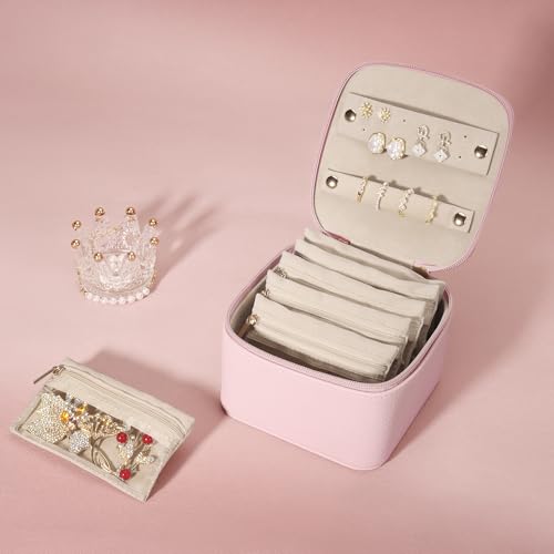 DesignSter Small Jewelry Box, Travel Small Jewelry Organizer with Earring Tray and Ring Holder,Square Travel Jewelry Storage Case with 6 Velvet Jewelry Pouches, Pink - color: Pink