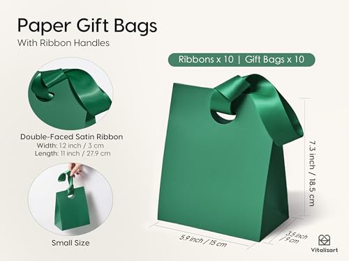Vitalizart Paper Gift Bags With Ribbon Handles Small Green Bulk Pack - color: Green, size: Small Size/10pcs