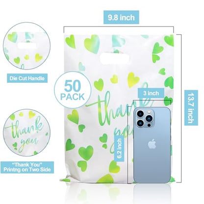 WAKAKO Bulk 50 Green Thank You Shopping Bags with Handles – Durable Plastic Retail Bags for Business Small, Boutique, Gifts, Merchandise (Medium 13.7"x9.8") – Fits Accessories & Jewelry - size: Medium