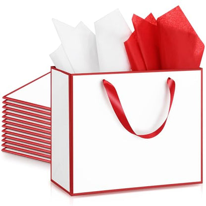 ReliThick 12 Pack Paper Gift Bag with Handles & Tissue, White, Red - color: White, Red