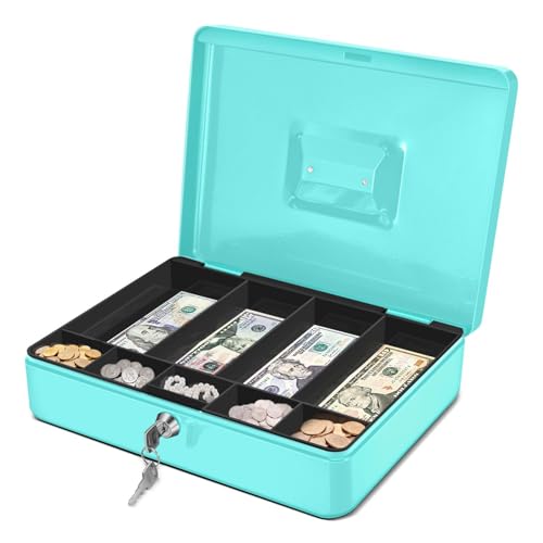 Flexzion Small Cash Box with Money Tray and Lock, 11.4-Inch, Blue - color: Blue
