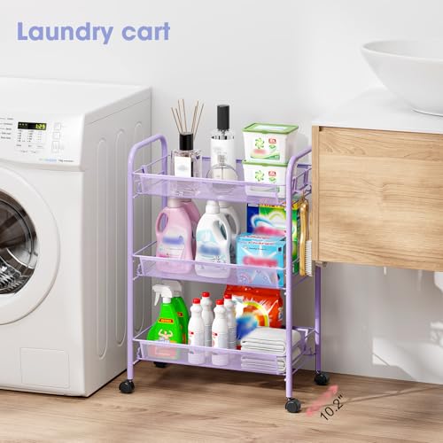 TOOLF 3 Tier Rolling Cart, Metal Utility Storage Cart with Wheels, Purple - color: Purple, size: 3-Tier