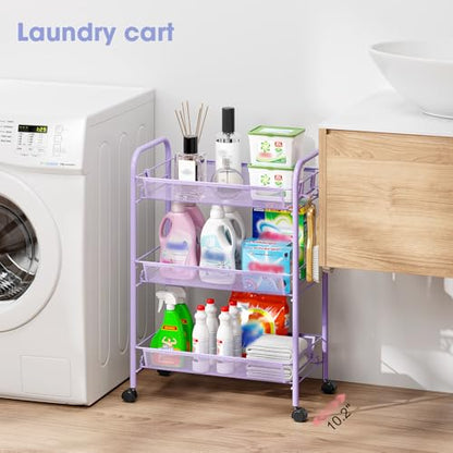 TOOLF 3 Tier Rolling Cart, Metal Utility Storage Cart with Wheels, Purple - color: Purple, size: 3-Tier