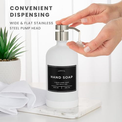 Hand and Dish Soap Dispenser for Kitchen and Bathroom, Set of 2 16 Oz Glass Bottles, Stainless Steel Pumps, Non-Slip Silicone Base, 27 Waterproof Labels (Matte White Bottle/Brushed Silver Pump) - color: Matte White Bottle / Brushed Silver Pump