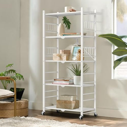 Himix 5-Tier Foldable Storage Shelves 20 Hooks Wheels White No Assembly - color: White, size: 5-Tier