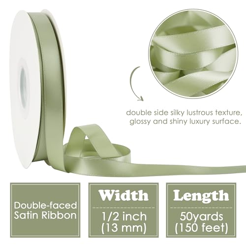 HUIHUANG Sage Green Double Faced Satin Ribbon 1/2 inch X 50 Yards - color: Dusty Sage, size: 1/2 inch