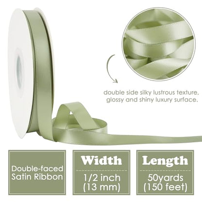 HUIHUANG Sage Green Double Faced Satin Ribbon 1/2 inch X 50 Yards - color: Dusty Sage, size: 1/2 inch