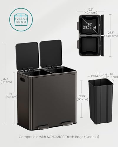 SONGMICS Trash Can, 2 x 10.6 Gallon (2 x 40 L), Slate Gray - color: Slate Gray, size: 2 x 10.6 Gallon