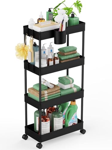 LEHOM Slim Rolling Storage Cart - 4 Tiers Bathroom Organizer Utility Cart - color: Black