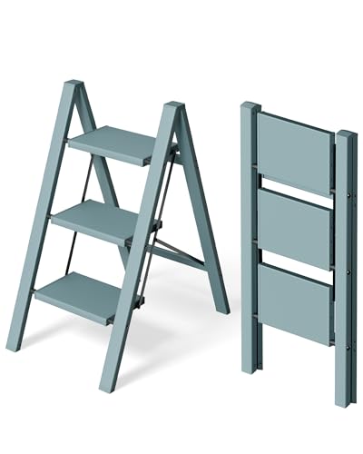 HillhutApex 3 Step Stool Foldable Ladder,Aluminum Step Ladder - color: Light Blue