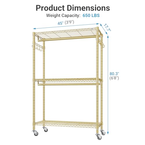 VIPEK R2 Plus Rolling Clothes Rack Heavy Duty Closet for Hanging Clothes - color: Gold, size: R2 Plus