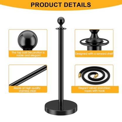 LOVMOR Stainless Steel Stanchion Post, 5 FT Black Carpet Ropes, Stanchion Post with Ball Top, Hollow Base and Velvet Ropes Safety Barriers Set for Party - color: Black-4pack