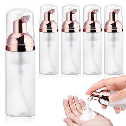 5PCS 50ml/1.7oz Clear Plastic Frosted Foam Bottles with Rose Gold Pump Head Empty Mini Soap Dispenser Refillable Mousse Bottles for Shampoo Shower Gel Hand Soap Foaming