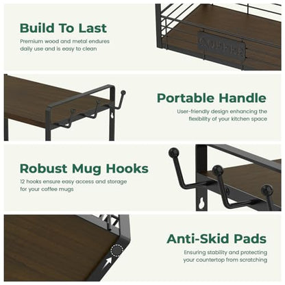 EsLuker.ly Coffee Mug Cup Holder Tree Bar Station Organizer, 2 Tier Brown - color: Brown + Black