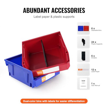 VEVOR Plastic Storage Bins 6 Pack (11 x 11 x 5-Inch), Hanging Stackable Storage Organizer Bins, Heavy Duty Stacking Containers for Closet, Garage, Office, Home, Pantry or Small Parts Organization - style: Red&Blue-6PC-10L