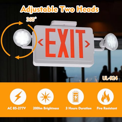 Emergency Exit Sign with Lights Battery backup, 200lm 3Hours Plug in Red Exit Signs with Emergency Lights for Business, Battery Operated,UL 924 AC85-277V - color: White Housing +Red EXIT, size: Round Heads