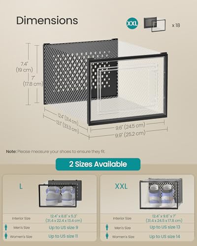 SONGMICS Shoe Boxes, Clear Plastic Sneaker Box, Pack of 18 - color: Transparent + Black, size: XXL-18pcs