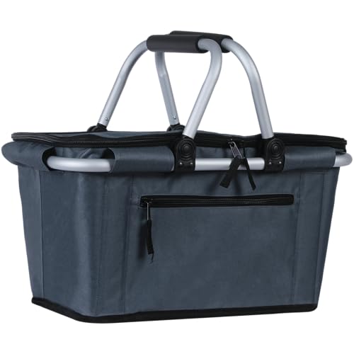 SIYUAN Collapsible Picnic Basket Insulated with Lid 27L Large Capacity Reusable Portable Folding Market Shoping Bag with Handles for Grocery - color: Dark Grey