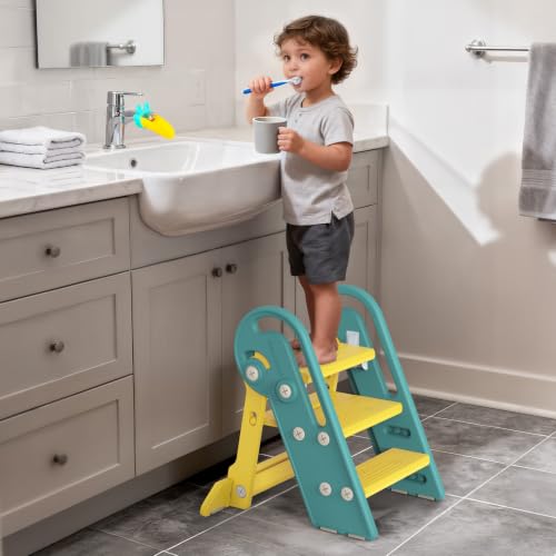 Onasti Folding Step Stool with Adjustable Height, 3-Step Converts to 2-Step, Sturdy Anti Slip Bathroom Step Stool for Toilet, Bathroom Sink, Kitchen Counter, Space Saving Design for Home Use- Green - color: Green Yellow