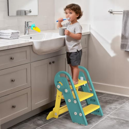 Onasti Folding Step Stool with Adjustable Height, 3-Step Converts to 2-Step, Sturdy Anti Slip Bathroom Step Stool for Toilet, Bathroom Sink, Kitchen Counter, Space Saving Design for Home Use- Green - color: Green Yellow