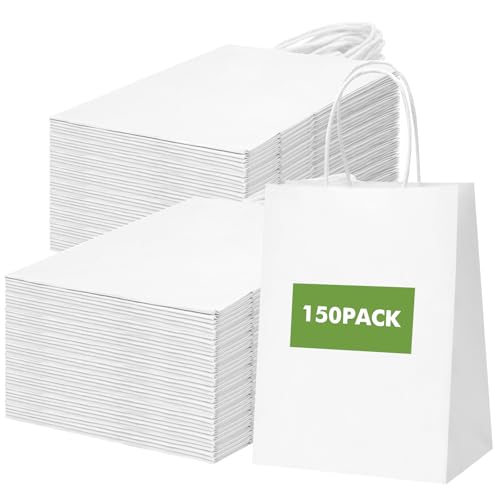OUTUXED 150pcs White Paper Bags with Handles, 8x4x10 Gift Bags with Handles - color: White 8x4x10in, size: 1 Count (Pack of 150)