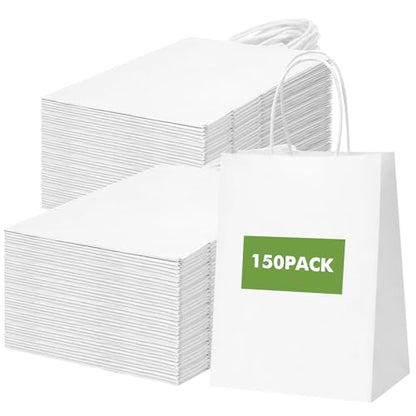 OUTUXED 150pcs White Paper Bags with Handles, 8x4x10 Gift Bags with Handles - color: White 8x4x10in, size: 1 Count (Pack of 150)