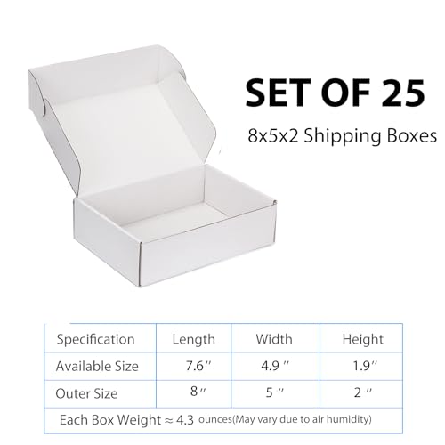 8x5x2 White Shipping Boxes for Small Business, Packing, 25 Pack - color: White, size: 8x5x2 Inch