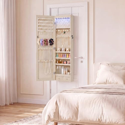 DUMOS 6 LEDs Mirror Jewelry Organizer Cabinet, Jewelry Armoire, 47.2 Inch - color: Khaki