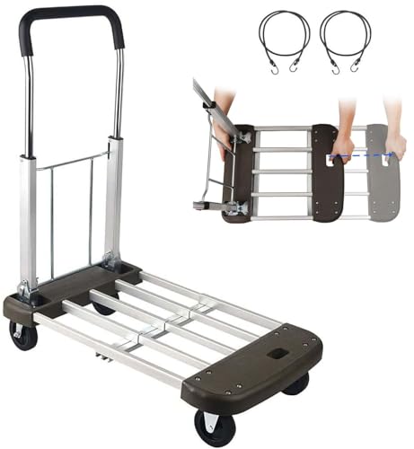 LEADALLWAY Platform Cart Foldable Push Cart Aluminum Adjustable Length Flatbed Cart with Polyurethane Mute Wheel,330-LB Capacity(with 2 Ropes)